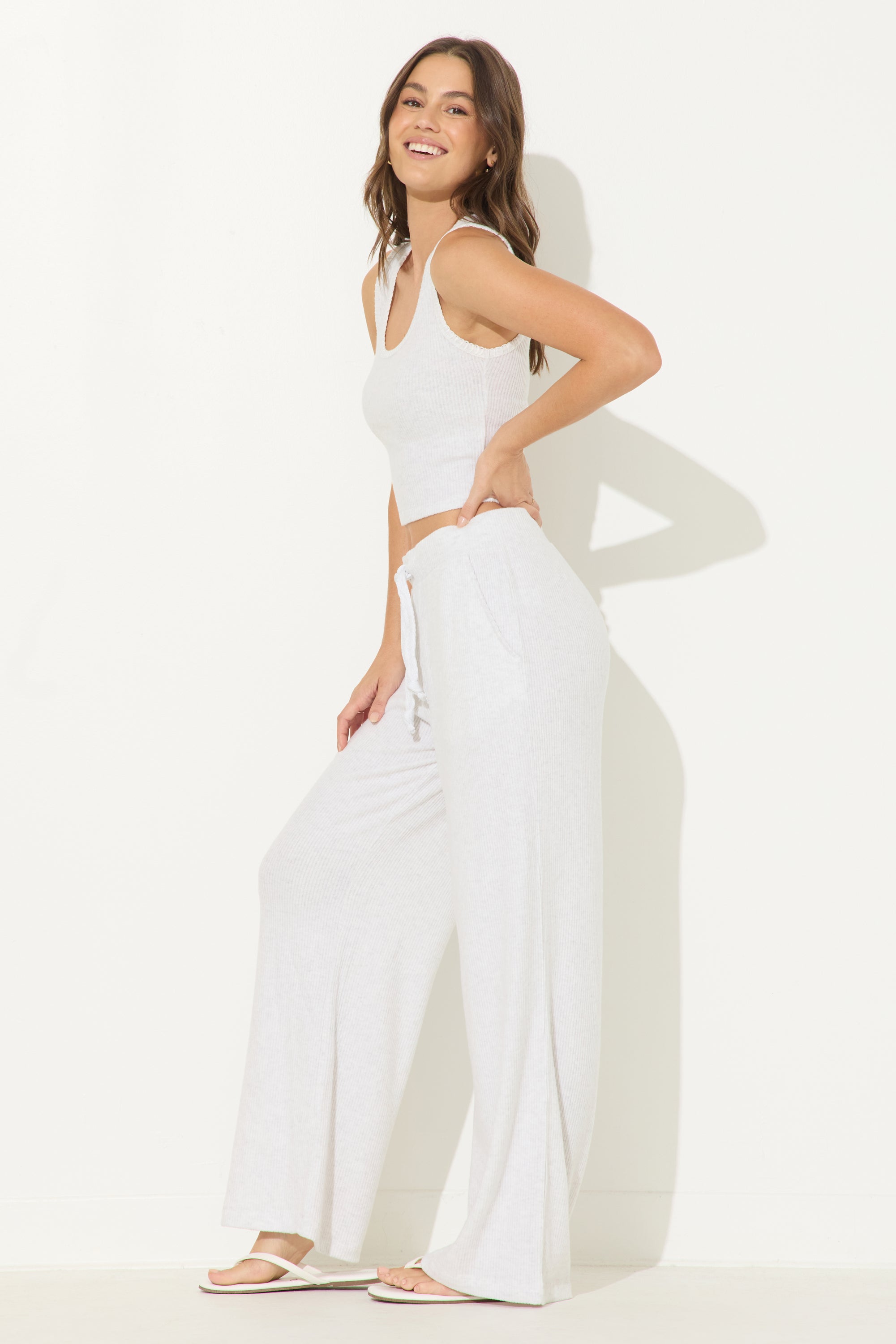 Ash Grey Ribbed Hacci Wide Leg Pants