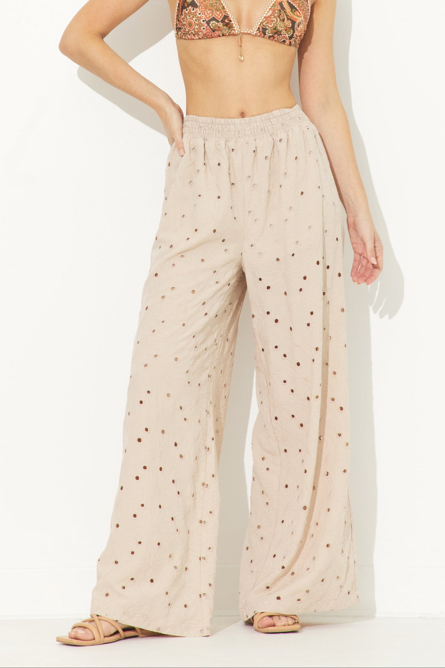 Sandy Beach Floral Eyelet Wide Leg Pants