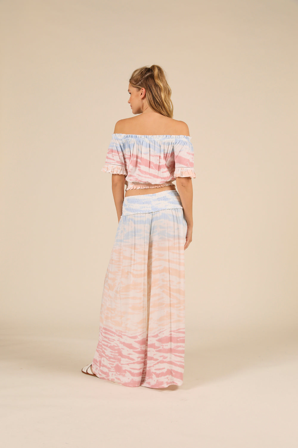 Tri Color Ombre Tie Dye Off Shoulder Bell Sleeve Top