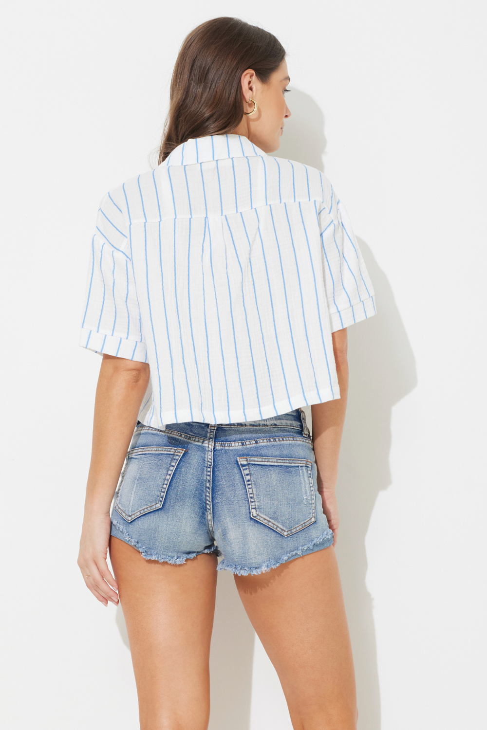 Ocean Blue White Striped Gauze Short Sleeve Button Up