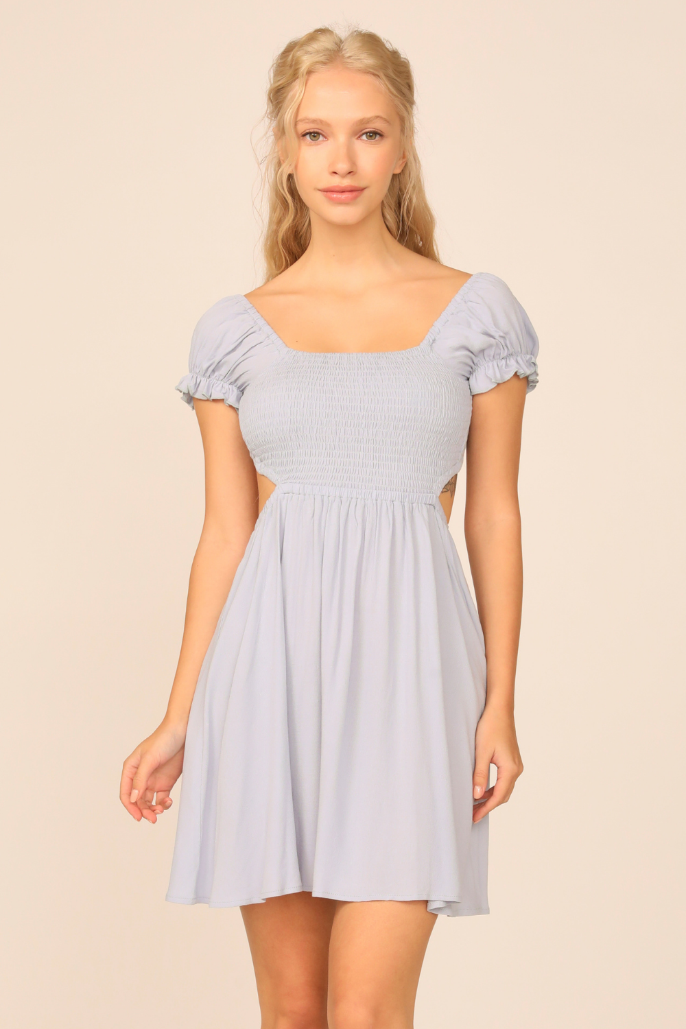 Blue Jean Washed Crepe Smocked Bodice Puff Sleeve Dress